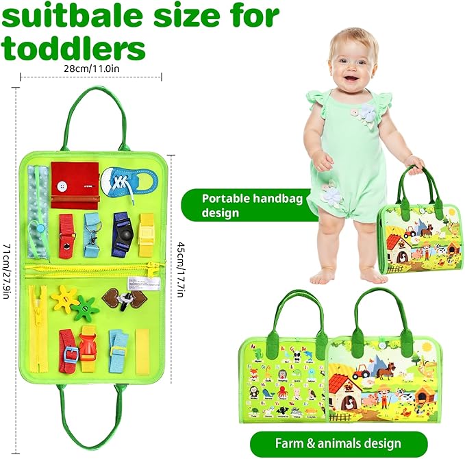 Busy Board Montessori Toys for Toddlers 1-3, Birthday Gifts for 1 2 3 4 Year Old Boy Girl, Autism Sensory Travel Toy, Educational Activity Book Board for Learning Fine Motor Skills Toys, Green