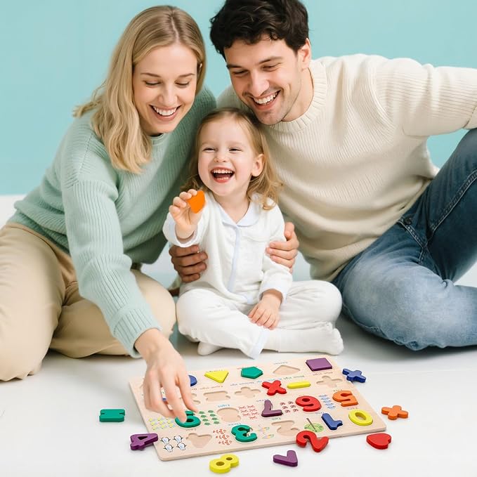 Number Puzzle Wooden Puzzles for Toddlers 1 2 3 4 5 Year Old, Shape Learning Puzzles Toddler Toys with Puzzle Board & Letter Blocks, Preschool Educational for Girls Boys, Pattern Number