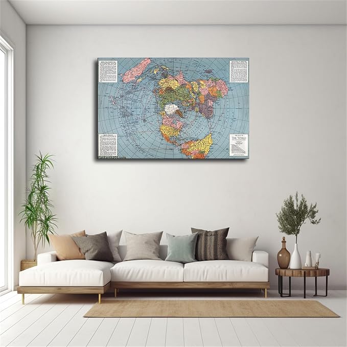 Flat Earth Map of The World Model - 1943 Polar Azimuthal Equidistant Projection Map Art Poster Room Aesthetic Wall Art Canvas Decoration Home Decor Gifts (08x12inch Framed)