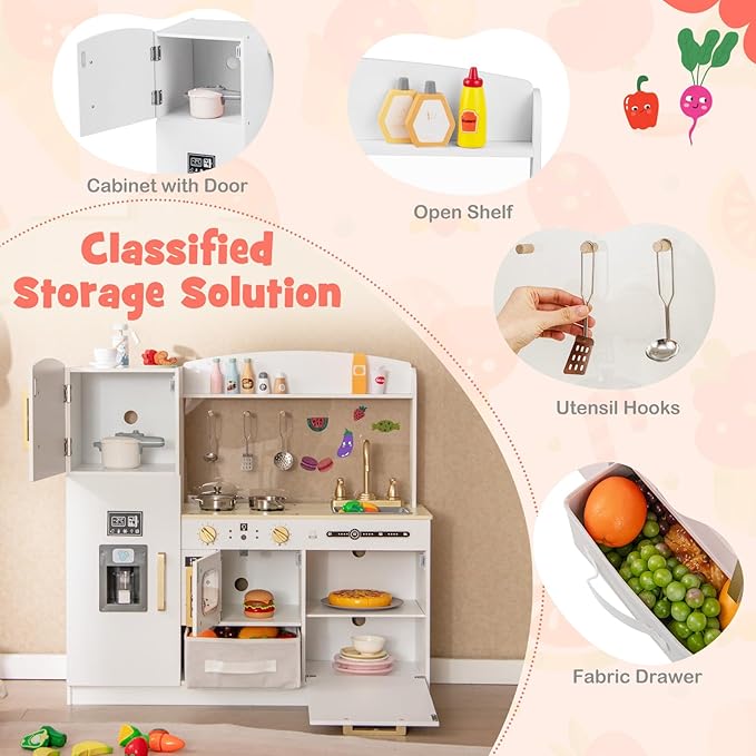 Costzon Kids Kitchen Playset, Wooden Pretend Play Kitchen w/Real Lights & Sounds, Chalkboard, Microwave, Ice Maker, Dishwasher, Sink, Cookware Accessories, Play Kitchen for Kids Ages 3+ (White)