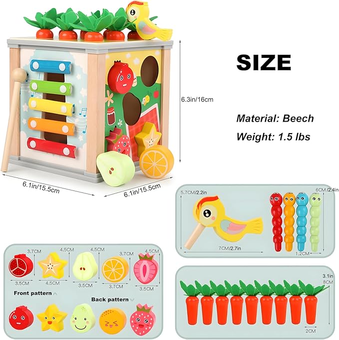 Wooden Baby Activity Cube,Montessori Developmental Toddler Educational Learning Toys, Sorting & Stacking Game
