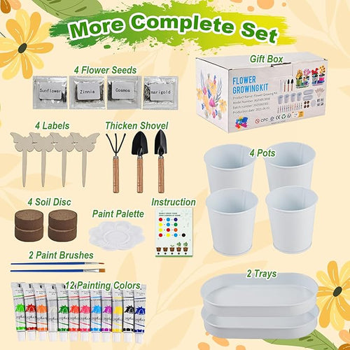 4 Pcs Kids Plant Growing Kit | Kids Gardening Set Crafts for Girls 8-12 | Kid Crafts Ages 4-8, Flower Making Art Kit for Kid 6-9, Plant Growing Set with 4 Zinc Pots, 12 Colors 9ml Paints Girl Gift