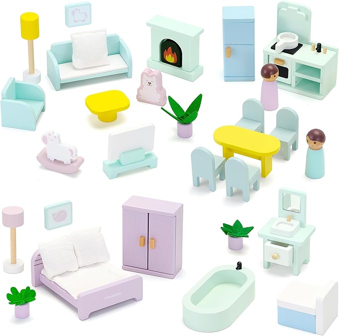Wooden Dollhouse Furniture Set, 36Pcs Dollhouse Accessories for 6 Rooms, Full‑Home Pretend Play Furniture Toys, Birthday Gift for Toddlers Age 3+