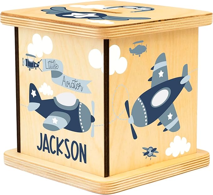 Wooden Piggy Bank for Kids and Adults, Personalized Gift Handmade in USA by BloomOwl, Custom Piggy Bank, Personalized Banks for Kids, Gifts for Baby Boys and Girls (Airplane)