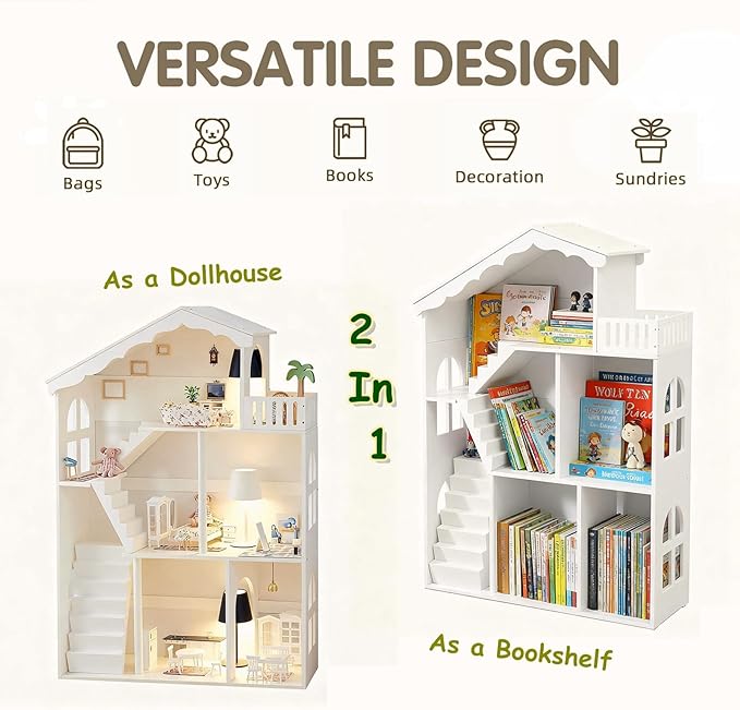Wooden Dollhouse Bookshelf 3-Tier Doll House Bookcase Kids Books Toys Dolls Storage Organizer Shelves for Children's Bedroom Playroom Kindergarten Nursery Gift for Boys Girls Ages 3-8 Years Old
