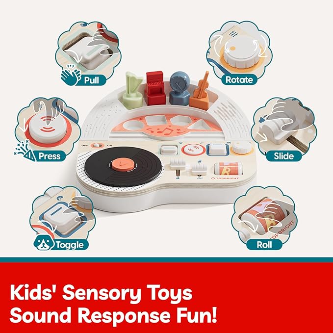 TOP BRIGHT DJ Music Busy Board - Wooden Toddler Toys for Boys and Girls，Montessori Sensory Toy with 14 Activities with Sound Blocks, Portable Travel Toy for 18M+