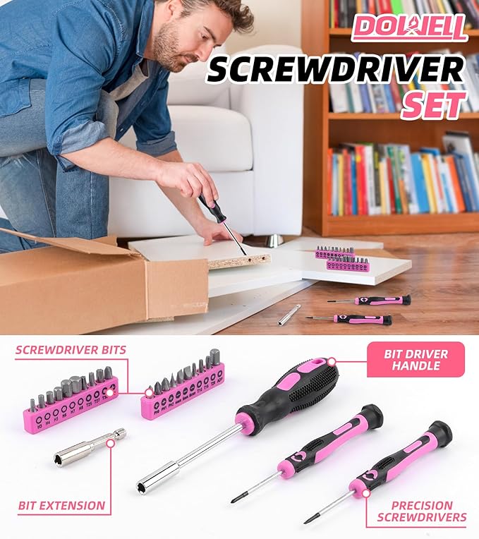 DOWELL Pink Tool Kit 140PCS for Women, Girls, Ladies, Household Tool Set with 14” Tool Bag