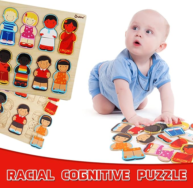 Wooden Puzzle for Toddlers 1-3, Children of The World Racial Cognition Dress-up Peg Puzzle Educational Toys, 24 Pieces Mix and Match Boys and Girls Multicultural Diversity Toys for Kids
