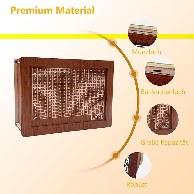 Money Saving Box, Wooden Money Box with Money Target and Numbers, Savings Challenges Money Box, Cash Savings Box, Bank for Adults Kids (5000 Dollar Brown)