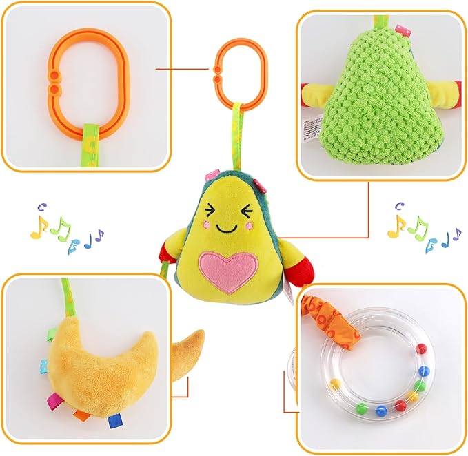 KAKIBLIN Baby Hanging Toys, 4 Pack Carseat Toys,Early Baby Cognitive Sensory Soft Hanging Toy for Crib Stroller Gym Mobile Plush Toy,Suitable for Babies 0-12 Months,Fruit