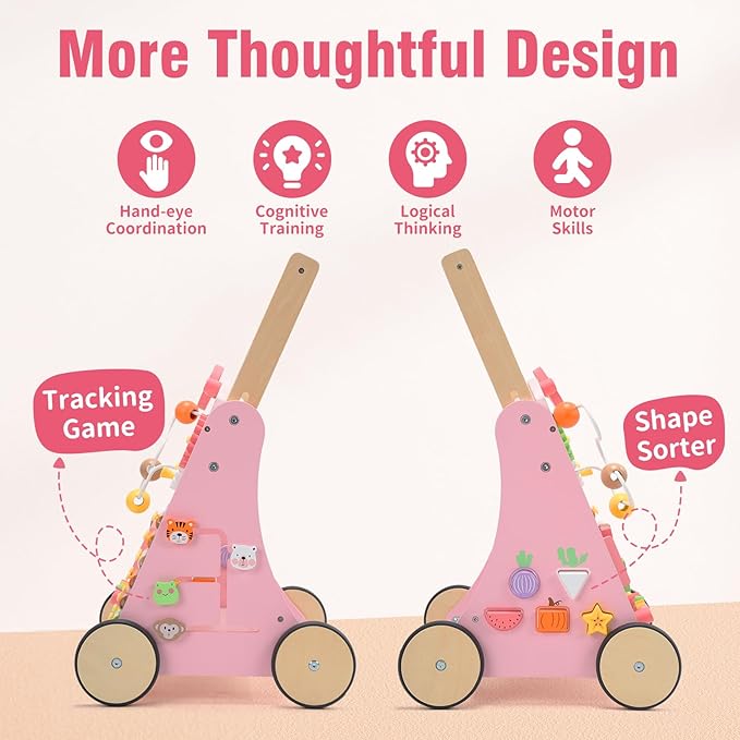 CUTE STONE Wooden Baby Walker, Montessori-Style Push Walker with Activity Center, Adjustable Height, Push Toys for Toddler Development, First Birthday Gift for Kids Pink