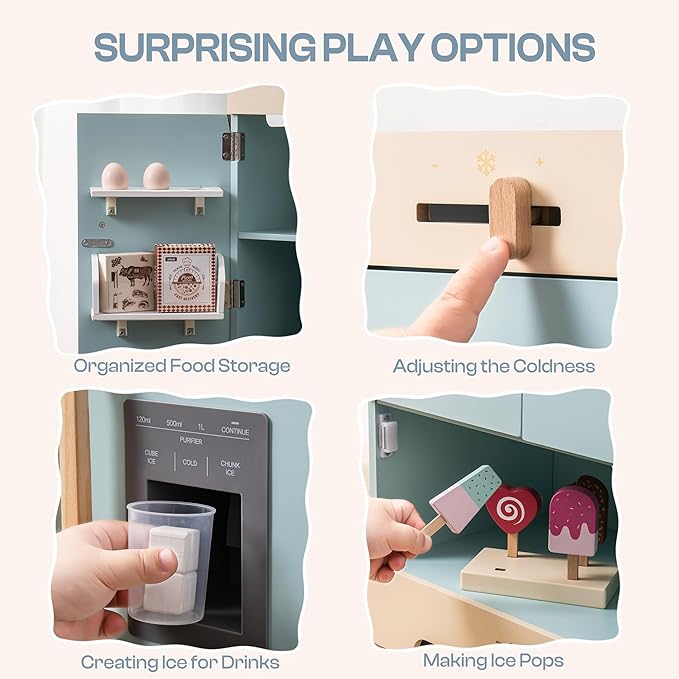 ROBOTIME Toy Kitchen Wooden Fridge, Play Refrigerator for Kids & Toddlers, Wooden Fridge Freezer Set with Ice Maker and Foods, Pretend Play Kitchen Playset for Ages 3+