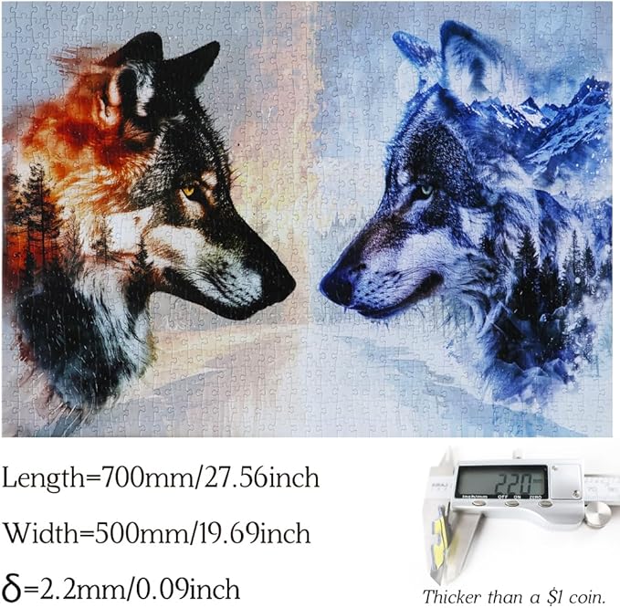 Bgraamiens - Ice VS Fire -1000 Pieces Fantasy Double Exposure Wolf Art, Nature Animals Puzzle Impossible Hard Puzzles for Adults
