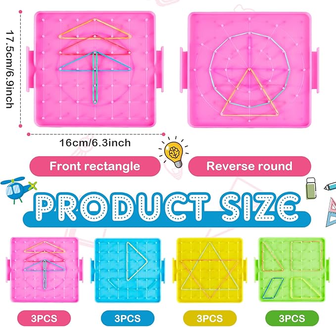 Deekin 12 Pcs Double Sided Geoboard Mathematical Kids Geoboards with Rubber Bands Math Manipulatives Toy for Geometry, 6.9 x 6.3 Inches Classroom Back to School