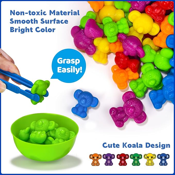 Counting Toys for Toddlers, 60 Rainbow Koala Counters w/Sorting Bowls, Color Sorting, Counting & Math Manipulatives, Preschool Homeschool & Classroom Early Learning Supplies