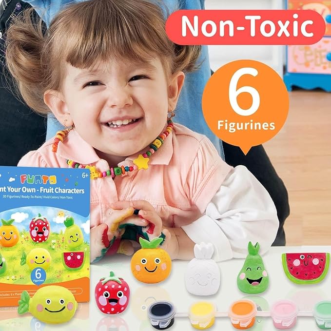 Funto Paint Your Own Fruits Painting Kit, 13 PCS Crafts Set for Kids, STEAM Project Creative Activity DIY Toys with 6 Figurines, 6 Paint Pots, 1 Brush