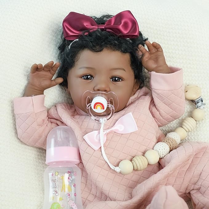 Realistic Reborn Baby Doll Black Girl – 18 Inch Lifelike African American Newborn, Real Life Handmade Soft Body with Accessories Gift Set for Kids 3+