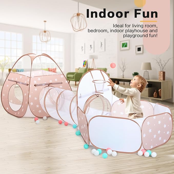 3 in 1 Kids Play Tent: with Baby Ball Pit and Play Tunnel - Children Indoor Outdoor Playhouse with Climbing Tunnel Toy for Toddlers - Boys Girls Birthday Gift for Year Old Child