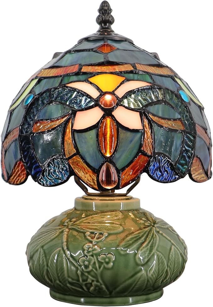Small Tiffany Lamp Mushroom Table Lamp, Mini Stained Glass Desk Light Memory Sympathy Ceramic lamp 8X11 Inch (Blue Baroque Style)