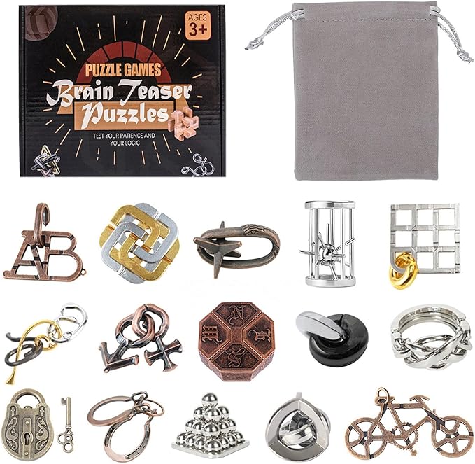 VolksRose 15pcs Brain Teaser Puzzles, Metal Wire Puzzles Set, Mind Smart Game IQ Challenge Puzzle Games, Educational IQ Test Unlock Interlocking Toy Lock Puzzles Gift for Adults Teenagers