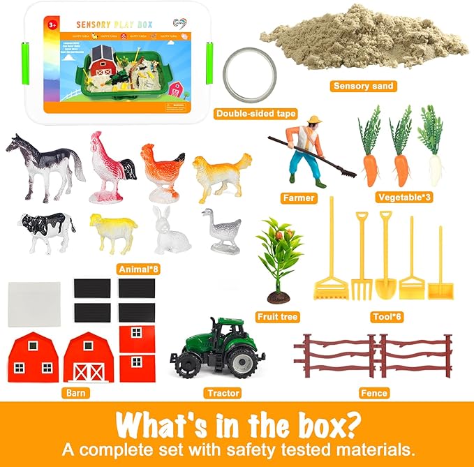 Farm Sensory Bin，Farm Animals Sand Kit with Sensory Sand，Barn Sandbox with Tractor，Sensory Play Sand Set for Kids 3 4 5 6 7