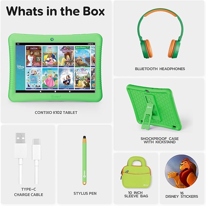 Contixo 10" Android Kids Tablet Bundle - 32GB, 80+ Disney Storybooks ($350 Value), Parental Controls, Kid-Proof Case w/Kickstand & Stylus, Headphones & Sleeve Bag - Green