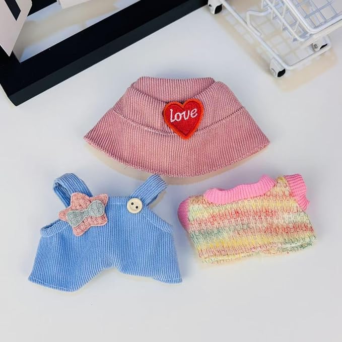 Clothes for Labubu(NO Doll) - 15cm/17cm Doll Accessories Suit, Cute Outfit with Accessories - Colorful T-Shirt, Star Light Blue Romper and Heart Shaped Pink Hat