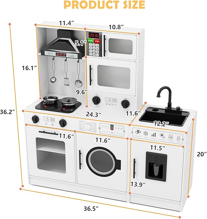 JOYLDIAS Kids Play Kitchen Set, Wooden Free Combination & Movable Pretend Toddler Kitchen Toy w/Real Sound and Light, Running Water, Oven, Washing Machine and Cookware Accessories for Age 3+ Toddlers