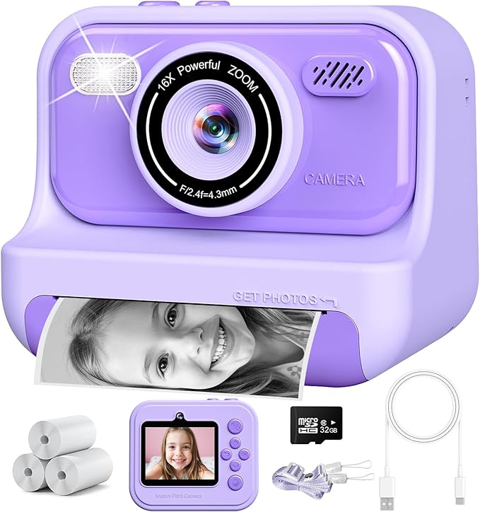 Kids Instant Print Camera with 2.4 Inch Screen, Christmas Birthday Gifts for Girls Age 3-12, 1080P Digital Camera, Portable Toddler Travel Toy for 3 4 5 6 7 8 9 10 Year Old Girls, Purple