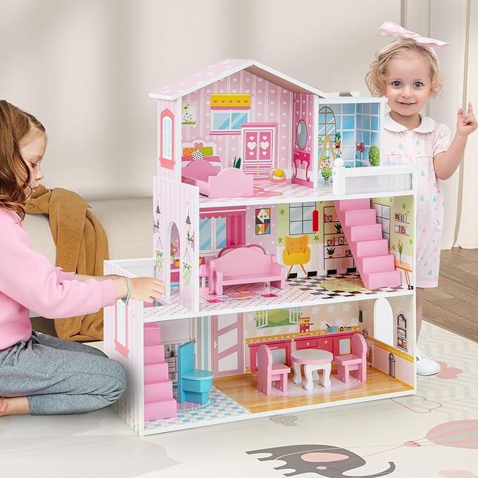 Costzon Wooden Dollhouse for Kids, 3-Story Semi-Open Doll House with 5 Rooms & 10 Pieces Furniture Set, Ladders & Balcony, Preschool DIY Pretend Play Dollhouse Toy, Gift for Girls & Boys Ages 3+