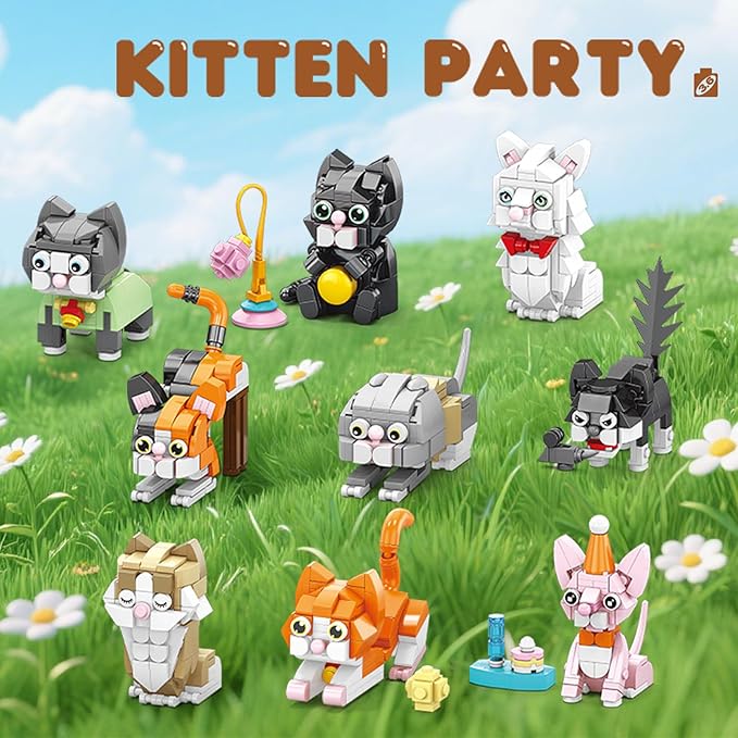 Party Favors Kids Building Blocks Cats 9 Packs Pool Party Favors Building Set for Birthday,Cat Mini Building Sets for Birthday, Classroom Prizes, Easter for Boys and Girls