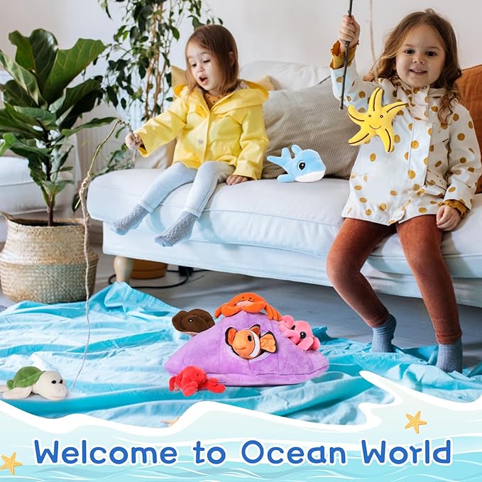 Muiteiur Plush Soft Ocean Animals Set with Plush Sea Shell House Includes Stuffed Turtle, Lobster, Crab, Dolphin, Devil Fish, Octopus, Starfish, Clownfish (Multicolor,8 Piece)