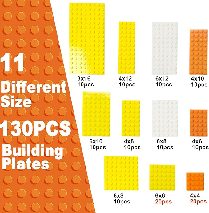 130 Pieces Classic Building Plate, 3 Color with 11 Size Building Plate Base Plate, Compatible with Lego Parts and Pieces, for Most Brands (White, Yellow, Orange)