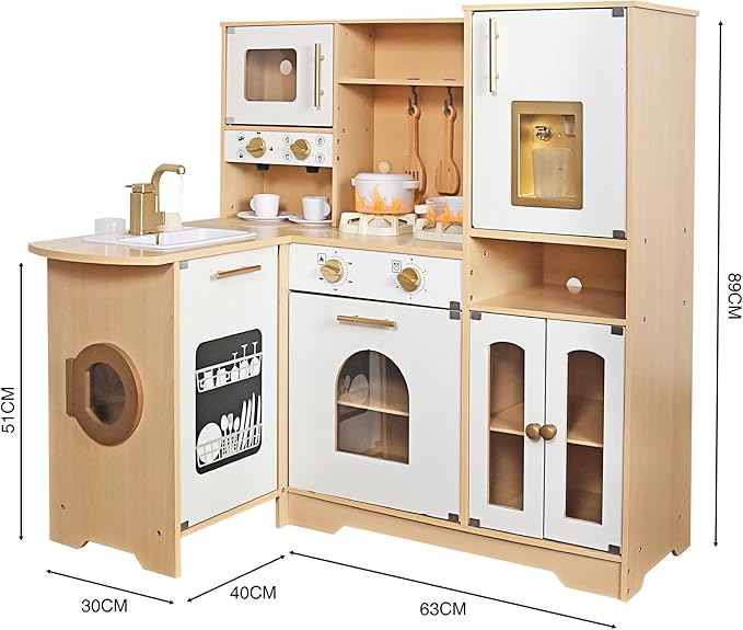 Large Wooden Corner Play Kitchen Sets with Real Running Water, 2 in 1 Water Dispenser with Ice Maker, Toy Tove with Light and Sounds for Toddlers, Preschoolers, Children Age 3+ Years