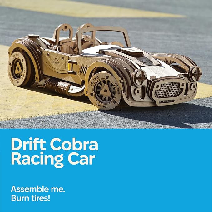 UGEARS Drift Cobra Racing Car Puzzle - Wooden 3D Puzzles for Adults to Build with Powerful Spring Motor - Wood Mechanical Models Building Kit Retro Hobbies for Men - 370 Pcs