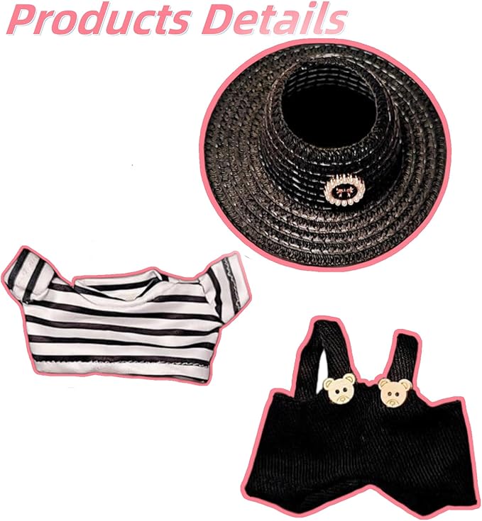Doll Clothes for 17cm Figures, Black-and-White Striped Top Paired with Black Overalls and a Delicate Woven Hat