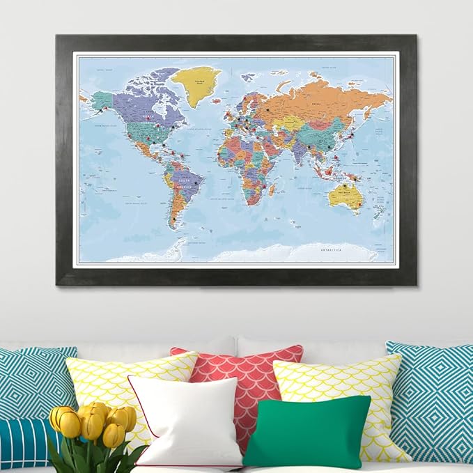Push Pin Travel Maps - Blue Oceans World - Rustic Black Framed Pin Map for Tracking Your Travels - 27.5" x 39.5" - 8 Handcrafted Frame Options - Made in USA - Ideal for Any Traveler