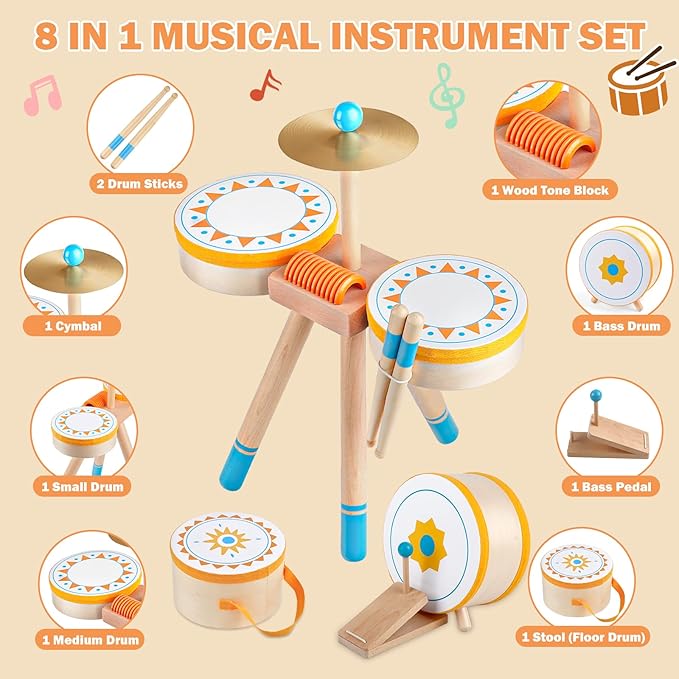 Kids Wooden Drum Kit, Montessori Musical Instruments for Toddlers, Baby Percussion Set Music Toys with Cymbal, Pedal Bass Drum & 2 Drumsticks, Educational Learning Birthday Gift for Boys Girls Ages 3+
