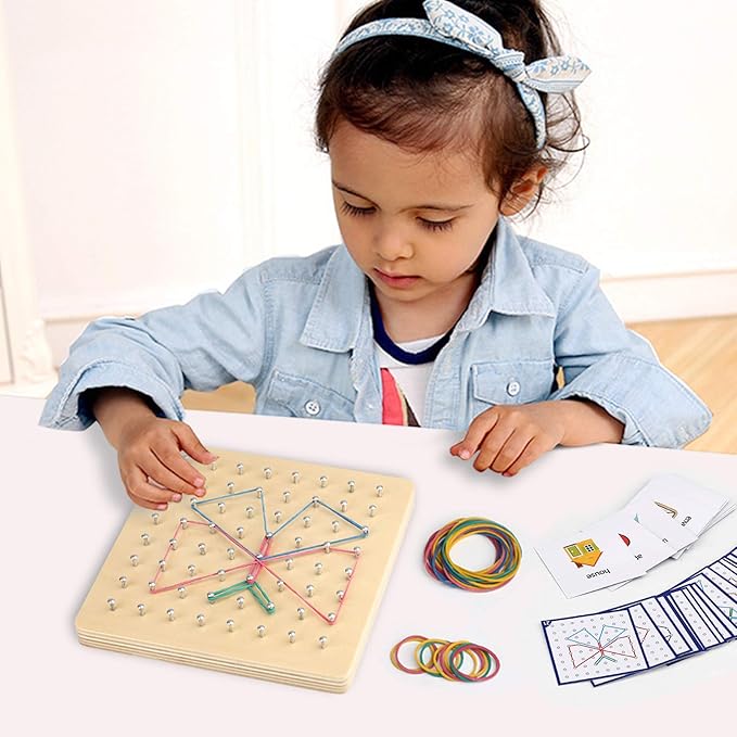 Thoth Montessori Wooden Geoboard Mathematical Manipulative Material Array Block Geo board with 36Pcs Pattern Cards and Rubber Bands Matrix 8x8 for Kids Graphical Educational Toys Early Development Toy