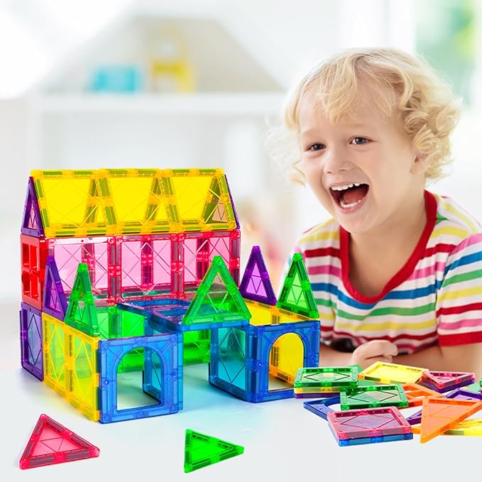 100pcs Magnetic Tiles with 2 Cars Magnetic Building Blocks for Toddlers 3 4 5 6 7 Year Old Boys Girls Educational Magnet Blocks Gift Toys for Kids Ages 4-8 Sensory Toys 1-3 Birthday Christmas