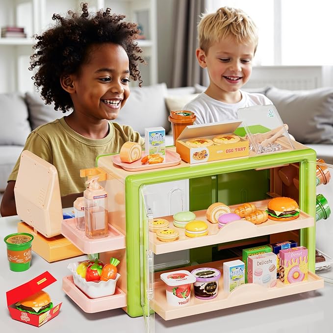Toddler Toy Grocery Store, Supermarket Playset with Touch Voice Cash Register, Scanner, Coffee Maker, Play Food, Play Money, Pretend Play Toys for Toddlers Kids Birthday