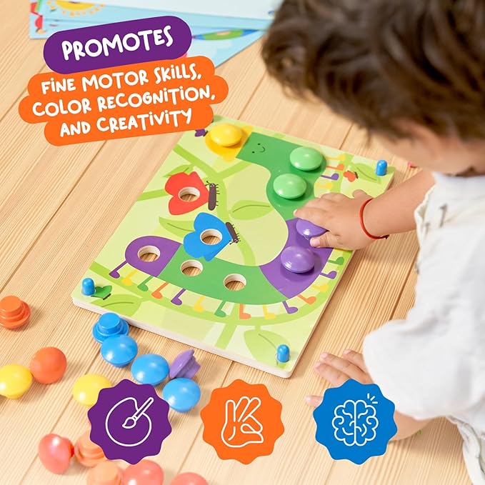 Nene Toys Wooden Color Matching Puzzle for Toddlers 2+ Years – Montessori Pegboard Button Game with Wooden Nails & Cards – Educational Toy for 2 3 Year Old Boys Girls – Fine Motor Skill Learning