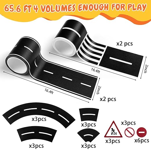 HFKPJRT Removable Toy Car Road Tape Stickers for Kids, 4 Rolls Roadway Tape with Curves, Black Residue Free Road Car Track Tape for Kids Birthday Party Racing Party Decoration, 2 Inch Wide 65 FT Long