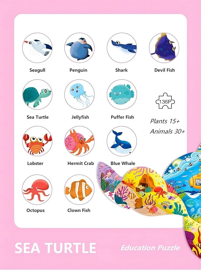 PINU Jigsaw Puzzles for Kids Ages 3-5, 6-8, 8-10, Children Colorful Fun Animal Shaped Puzzle Learning Educational Toys Gifts Games for Boys and Girls (Sea Turtle-136 PCS)