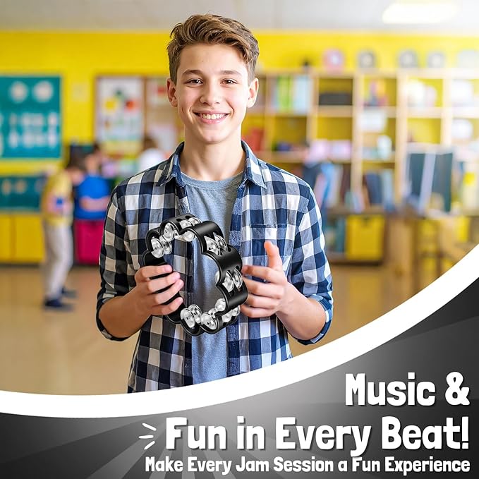 Flexzion Flower Tambourine - 8 Inch Handheld Percussion Instrument w/Metal Jingles & Ergonomic Grip - Small Tambourines for Adults, Kids, Church, Parties, & Musical Events (Black)
