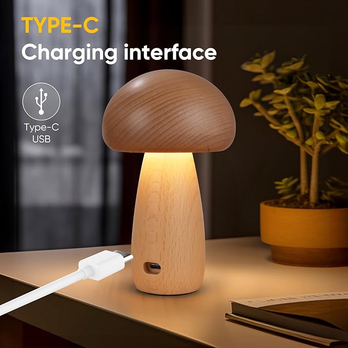 2 Pack Wooden Mushroom Lamp, Portable Cordless Touch Switch Small Rechargeable Battery Operated Lamp,Stepless Dimming,