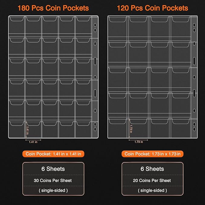 Coin Collection Book with Lock,Fireproof Holders for Collectors,300 Pockets Coin Collection Supplies & 72 Sleeves Currency Storage Case,Coin Organizer Collecting Album for Bill,Pennies,Quarters,Stamp