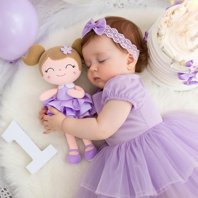 Gloveleya Princess Tutu Doll – 14 Inch Soft Plush Baby Doll for Girls with Purple Dress & Gift Bag, First Baby Doll for Toddler Girls, Birthday Present, Baby Shower & Holiday Keepsake