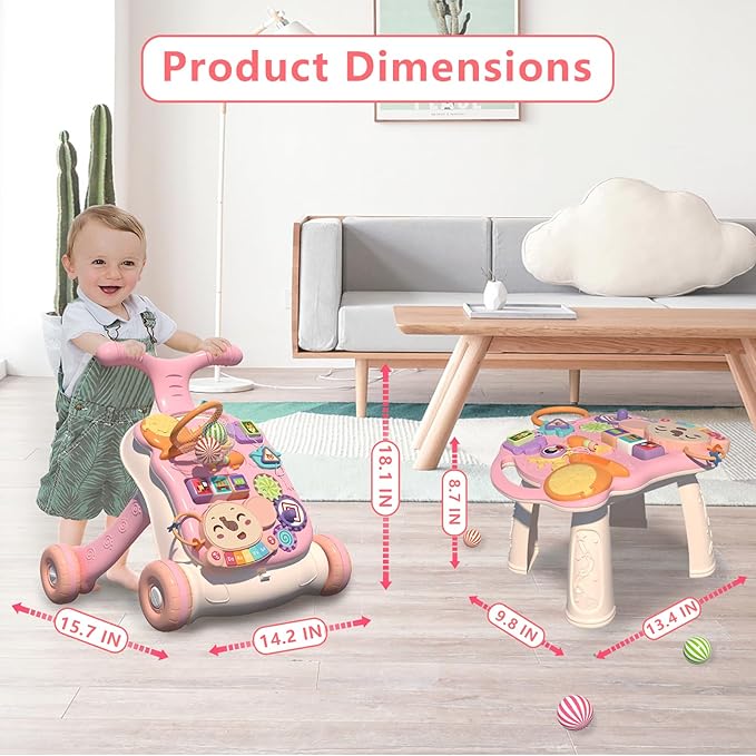 QDRAGON 3 in 1 Baby Walker and Activity Center for Girl, Learning to Walk, Sit to Stand, Early Educational Push Toys with Music Panel for Infant Toddler 12+ Months Pink
