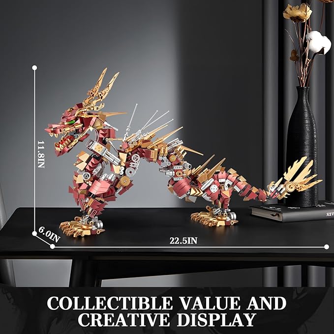 HIGH GODO Dragon Building Blocks Sets for Adults, Red Mechanical Dragon Animal Building Model Collectible Display Toys, Cool Toys Gifts for Fans Teens 14+ (1596 Pieces)